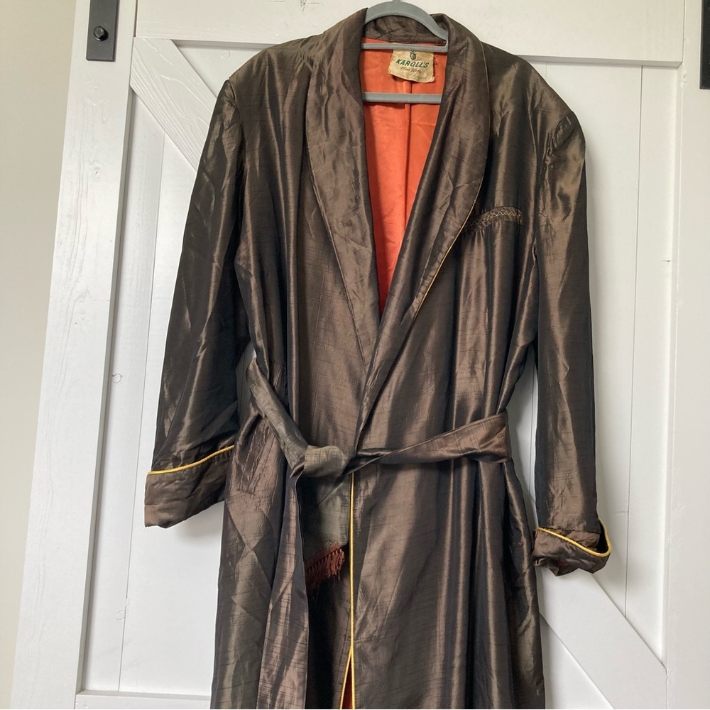 Vintage 1940s men’s dressing smoking gown robe rayon atomic belt old Hollywood - Picture 2 of 16